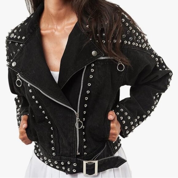 SETA APARREL Studded embellished black Denim Motorcycle moto biker Jacket bomber - Picture 1 of 9